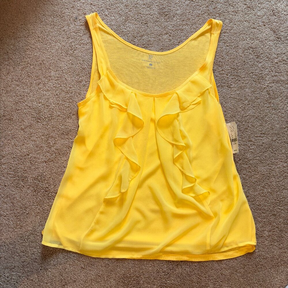NWT New York & Company Bright Yellow Ruffle Front Mixed Media Dressy Tank Top XL